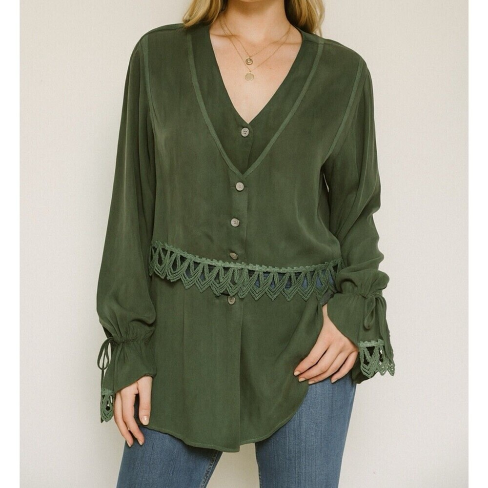 Ann Ferriday Vintage Silk Rare Dark Green Olive Blouse Long Sleeve One Size